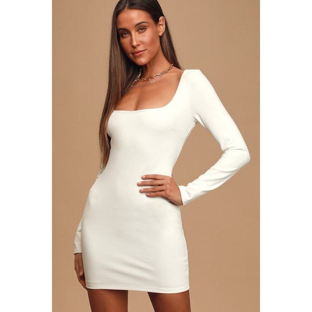 NWT Lulus Second Date White Long Sleeve Bodycon Mini Dress